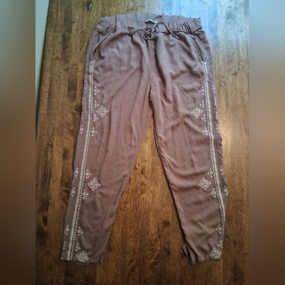 Sundance Tabia Tan Embroidered Drawstring Waist Pants Size L - Picture 2 of 8